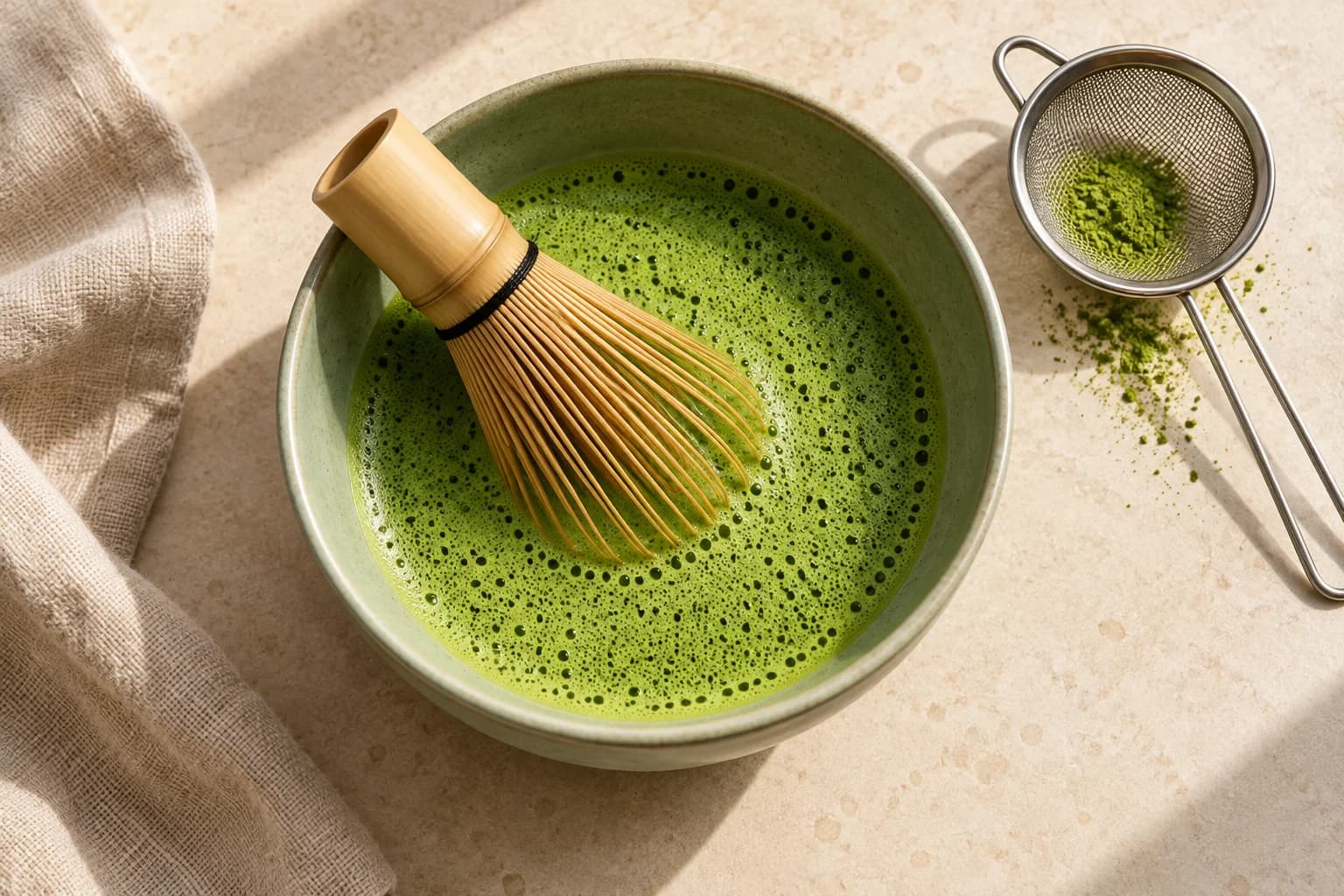A bamboo whisk in a sage Matcha bowl beside a fine tea sieve